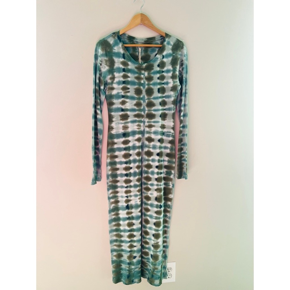 Raquel Allegra Tie Dye Long Sleeve Fitted Maxi Dress Green Blue Cotton Size 3